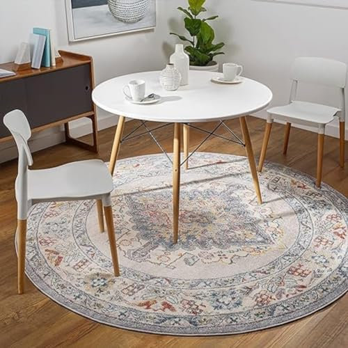 Livabliss Casablanca Vintage Teppich rund - Orientalischer Teppich Wohnzimmer 160 cm, Esszimmer, Schlafzimmer - Boho Teppich, Kurzflor Teppich für einfache Pflege - Muster Teppich in Taupe, Blau, Grau