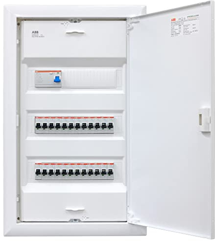 ABB (STRIEBEL&JOHN) Verteiler Unterputz 3-reihig UK636N3 ANSCHLUSSFERTIG verdrahtet mit Klemmblock. Bestückung ABB 1x FI 4-polig + 24x LS B16A