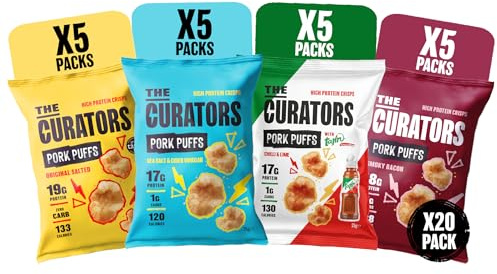 THE CURATORS High Protein Pork Puffs Variety Pack, 5 x Original Salted, 5 x Smoky Bacon, 5 x Tajin, 5 x Salt & Vinegar 25g (20 Packs) Crisp Low Carb Keto Gluten Free Savoury Snack