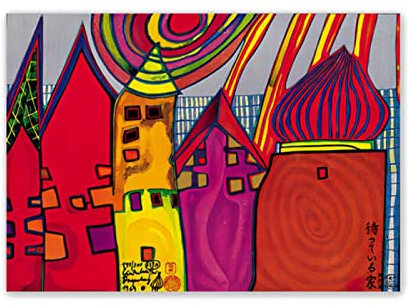 Friedensreich Hundertwasser Gemälde Leinwandbilder,Kunstdruck Poster und Drucke auf Leinwand.Berühmte Leinwand Wandkunst Bilder-wartende Häuser 70x100cm28x40 Rahmenlos