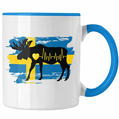 Trendation - Schweden Elch Herzschlag Tasse Geschenk für Schweden-Fans Hobby Geschenkidee (Blau)