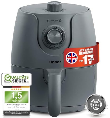 Linsar - Friggitrice ad aria calda da 1,8L - Friggitrice ad aria con timer e funzione keep warm - Temperatura selezionabile - Risparmio energetico - 1200 Watt - Grigio