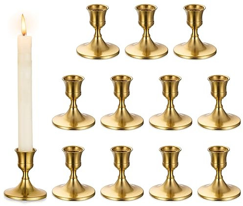 Romadedi Kerzenständer Gold Stabkerzen Tischdeko - 12er Set Klein Kerzenhalter Stabkerze Metall Vintage Modern Deko für Hochzeit Tisch Weihnachten Advent Wohnzimmer Adventskranz