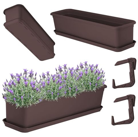 KADAX Fioriera 60 cm con base e supporto, marrone – Fioriera da balcone in plastica per interni ed esterni, vaso per balcone