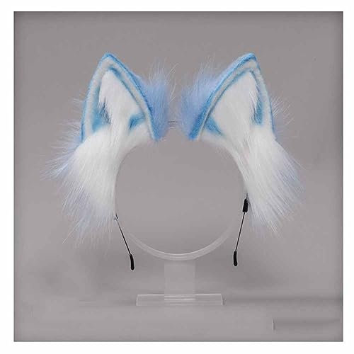 SHTGOI Katzenohren Stirnband Simulierte Katzenohren Haarreif Cosplay Plüsch Katzenohren Fuchs Wolf-Ohren-Haarband Katze Cosplay Kostüm für Frauen Halloween Karneval Kostüm Dressing-Partys Blau-weiß
