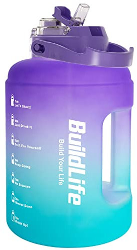 BuildLife Botella deportiva de 2,5 l, a prueba de fugas, botella con marca de tiempo, tapa 2 en 1, botella sin BPA para gimnasio, camping, viajes y oficina (2500 ml, lila azul)
