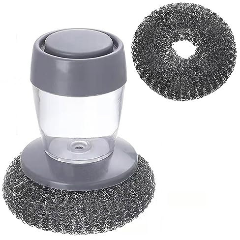 ZLONGYAN wire wool with soap dispenser, steel wool scrubber for cleaning dishes, pots, pans, grills, sinks, 2 velvet dish brushes, stainless steel cleaner with replaceable brush head