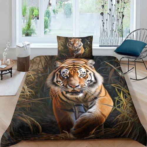 IOFEER Tiger 3teilig Bettwäsche Baumwolle, 100% Gewaschene,Fierce Leinenartigem Griff，für Allergiker Geeignet, Bettbezügen & Kissenbezügen Single（135x200cm）