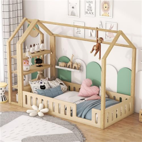buiesjole Kinderbett 90x200 cm Mit Geländer Und 3 Regalen Stauraum Hausbett Mit Rausfallschutz Und Lattenrost Bodenbett Jugendbett Für Erwachsene Jugendliche Einzelbett Natur