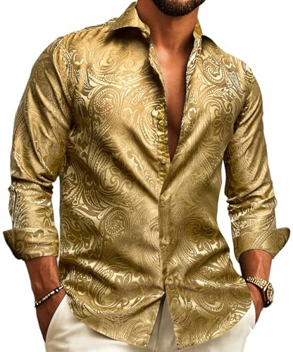 Barry.Wang Men Dress Shirt Silk Luxury Paisley Floral Long Sleeve Big and Tall Wedding Party Casual Business Formal Shirts Gold S-3XL