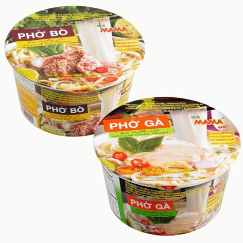 Mama Thailand Brand Instant Rice Noodles Pho Bo Bowl Chicken & Beef Flavour 65g (Pack of 6)