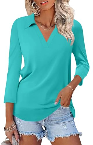 TICTICMISS Damen-Poloshirt mit V-Ausschnitt, 3/4-Ärmel, Kragen, Tops, Business, Freizeit, Sommer, trendig, locker, Aqua, Mittel