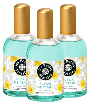Les Petits Plaisirs - Lot de 3 - Eau de toilette Fleur de tiaré. Eau de toilette femme, Florale & Solaire. Coffret cadeau. Made in France. 110ml