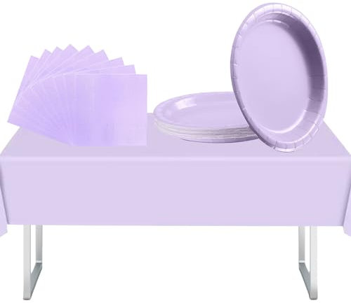 37Pcs Pale Purple Party Tableware Set with Plastic Pale Purple Table Cloth Party,Paper Party Plates and Napkins Serviettes for Pale Purple Party Supplies Decorations,Picnic,Kids Adult Birthday Party