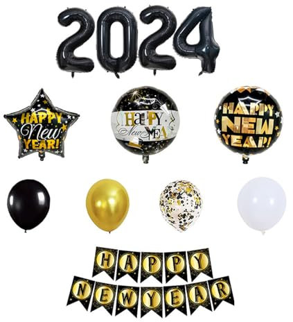 2024 Neujahr Party Dekoration Set Happy New Year Ballon Zubehör Foto Requisiten mit Banner Zahlenballon Happy New Year Decor
