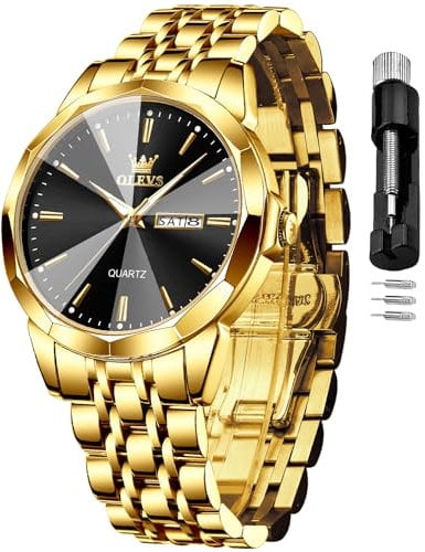 OLEVS Herrenuhr Luxus Business Dress Uhr UK Diamant Design Quarz Edelstahl Wasserdicht Leuchtende Woche Kalender Geschenk, 3615: Gold und Schwarz, Armband