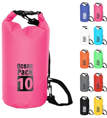 10L Rosenrot Wasserdichte Tasche, Dry Bag 2L/5L/10L/15L/20L/30L mit Verstellbarem Gurt, Schützt Telefon/Karte, Roll Top Wasserdichter Beutel Rucksack für Schwimmen/Rafting/Kajak/Bootfahren/Camping
