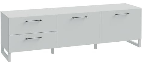 Meuble TV 164 cm 2 Portes Soft Close 2 tiroirs décor Gris Clair Mat et poignées métal Noir – Minimaliste et Moderne – Astoria