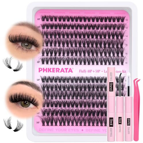 Wispy Lash Clusters Kit Fluffy Individual Eyelashes D Curl Lashes Individual Cluster DIY Eyelash Extension Kit at Home Russian Cluster Lashes Glue Bond and Seal,Tweezers (40+50P,10-18mm)