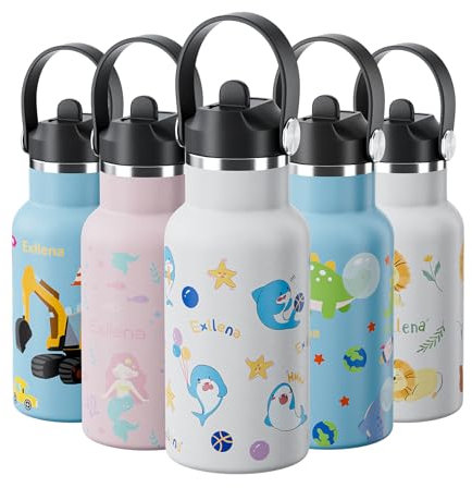 Exllena 350ml Stainless Steel Water Bottle Kids BPA Free with Straw - 100% Leakproof - Kids Insulated Water Bottle with Handle Lid - Easy to Use for Toddlers Girls Boys (Sharks)
