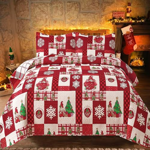 Weihnachts-Bettwäsche-Set, Queen-Size-Größe, Weihnachts-Bettwäsche, Tagesdecke, rot, kariert, Weihnachtsdecke, Zwerg, Weihnachtsdekoration, Urlaub, Weihnachten, leicht, wendbar, Tagesdecke, Bettwäsche