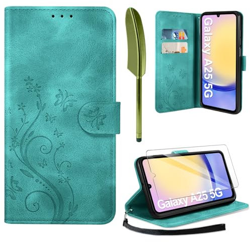 AROYI Étui de protection en cuir compatible avec Samsung Galaxy A25 5G et film de protection d'écran - Étui de protection à rabat en cuir synthétique avec emplacements pour cartes - Compatible avec