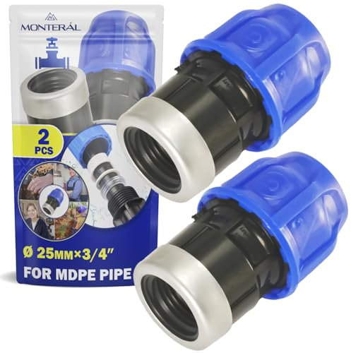 2 Stück Muffe Verschraubung Ø 25 mm x 3/4″ mit Innengewinde Verstärkt mit Verzinktem Stahlring aus Polypropylen PP Fitting für die Verbindung von Polyethylen PE Rohr - MONTERAL