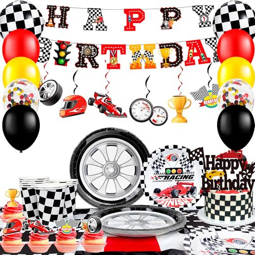Race Car Birthday Decorations, 10 Guests Race Car Birthday Party Decorations&Race Car Birthday Party Tableware Set - Race Car Birthday Plates Napkins Balloons Hanging Swirl etc