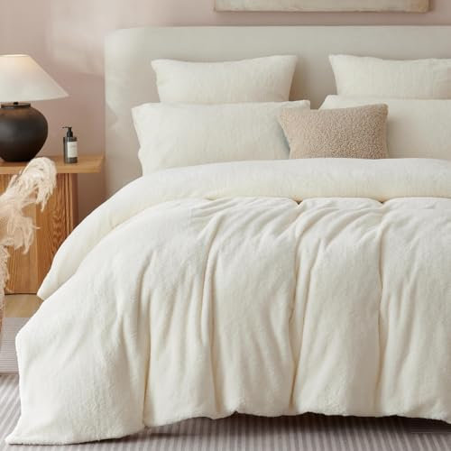 Freyamy Plüsch Bettwäsche 155x220cm 2teilig Weiß Nicky Teddy Fleece Deckenbezug Flanell Cashmere Touch Winter Bettwaren-Sets Flauschig Warme Bettbezug mit Reißverschluss und 1 Kissenbezug 80x80cm