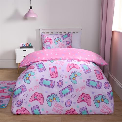 OHS Gaming Duvet Cover Single, Ultra Soft Comfy Gaming Duvet Bedding for Girls Reversible Quilt Covers Single Covers with Pillowcase Gamer Gifts for Kids - Pink