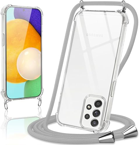 Coiwxmoi Coque avec Cordon pour Samsung Galaxy A52 / A52s 5G 6.5, Collier Réglable Téléphone Étui Portable Lanyard Case Transparent Ultra Souple Silicone TPU Housse Antichoc Protection Cover, Gris