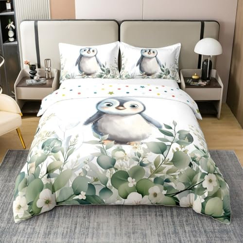 Netter Pinguin 135x200 Bettbezug,Kinder Cartoon Tier 100% Baumwolle Tröster Bezug,Kawaii Antarktis Tier Bettwäsche Set,Frühling Eukalyptus Bettbezug für Jungen Mädchen