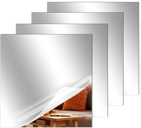 QWORK® 4 Pezzi specchio autoadesivo parete 20x20cm, fogli di specchio acrilico HD spessi 2 mm, per camere da letto, bagni