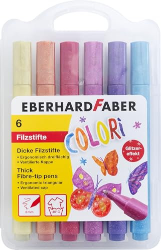EBERHARD FABER 551214 - Filzstifte Set Glitzer, 6 dicke Malstifte im Kunststoffetui, Strichstärke 2 mm