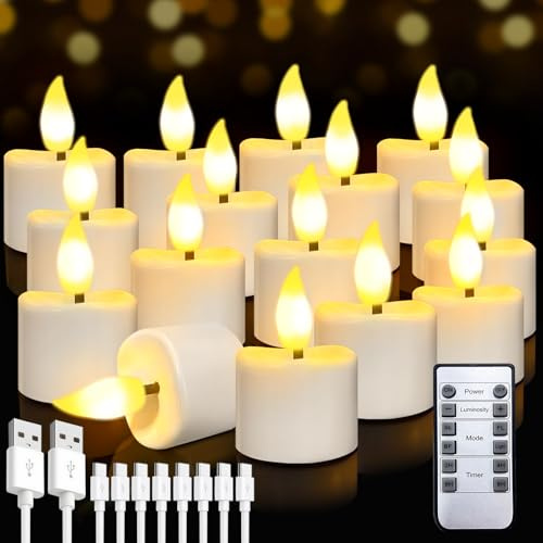 Wiederaufladbare Teelichter, 16Stk Aufladbar LED Kerzen mit Fernbedienung | Kerzen Flackernd mit Timer & USB‑C Kabel, Elektrische Teelichter für Zimmer Party Halloween Tisch Halloween Weihnachtsdeko