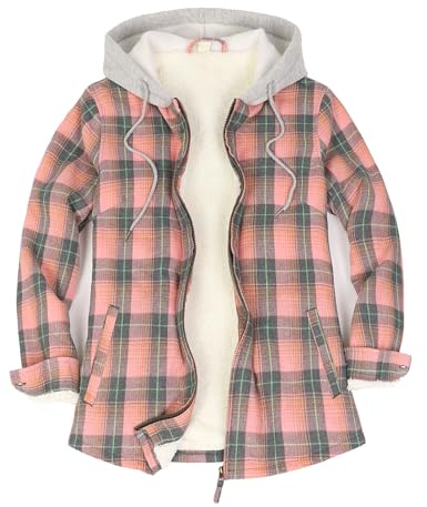 ZENTHACE Flanell-Hemdjacke mit Kapuze für Damen, Sherpa-Futter, durchgehender Reißverschluss, für Herbst und Winter, kariert