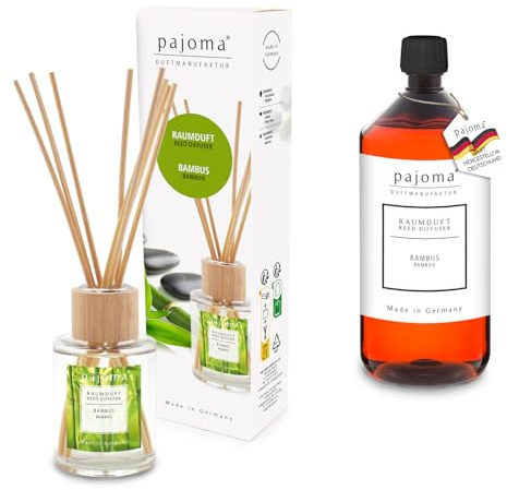 pajoma® Raumduft Bambus 100 ml + Nachfüller 1000 ml | Komplett-Set mit Rattanstäbchen | Langanhaltender Diffuser, Premium Qualität