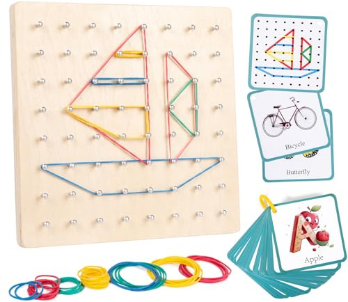 Auvewilo Wooden Geoboard with Rubber Bands Educational Toy Kids 3+ | Spatial Reasoning, Symmetry Awareness, Fine Motor Skills