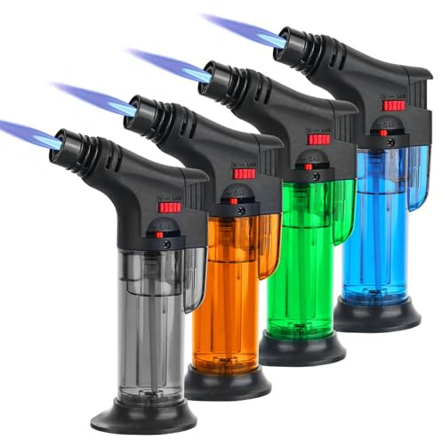 4 Stück Küchenbrenne Flambierbrenner Nachfüllbarer Bunsenbrenner, Einstellbarer Gasfeuerzeug mit Sicherheitsschloss fur Creme Brulee, Diy, Desserts, Grillen, Camping (Color-1)