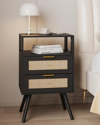JERX Rattan Bedside Table, Farmhouse Nightstand with 2 Storage Drawer and Open Wood Shelf, for Living Room, Bedroom and Small Spaces, Accent Bedside Cabinet with Solid Wood Legs, Easy Assembly Black