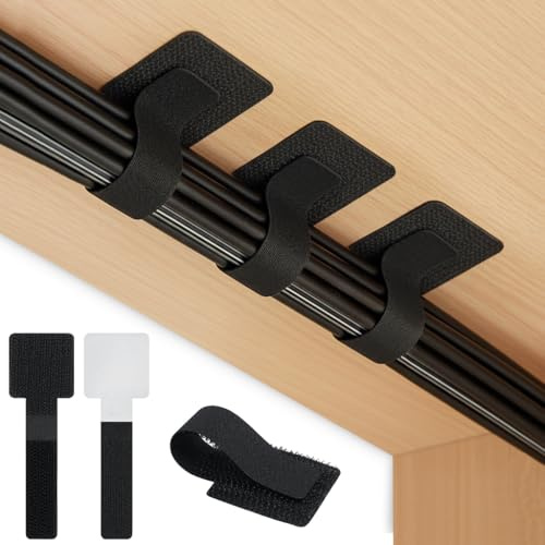 SWKJ 50 Pcs Cable Management Under Desk, Self-Adhesive, Black | Cable Tidy Clips Straps with Adjustable Nylon Buckle, Reusable Cable Organizers for Home and Office