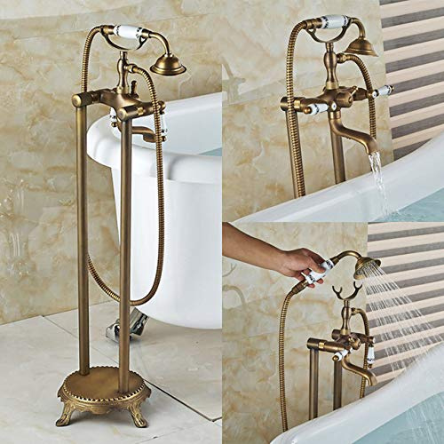 MRKU Gold Floor Mounted Tub Sink Faucet Dual Handle Bathroom Bath Shower Set