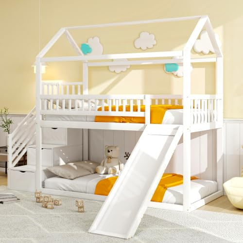 Worletty Holzbett,Kinderbett,Massivholzbett,Hochbett, mit Rutsche und Stauraumleiter, hohe Zaunkonstruktion, Massivholzbettrahmen, Lattenrost (White)