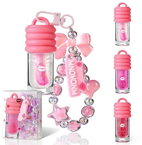 3Pcs Glitzer Lipgloss Schlüsselanhänger Set,Pink Lippenstift 2 in 1 Feuchtigkeitsspendender,Durchsichtig,Rosa,Rot Getönter Glänzender Schimmer Lipgloss für Mädchen