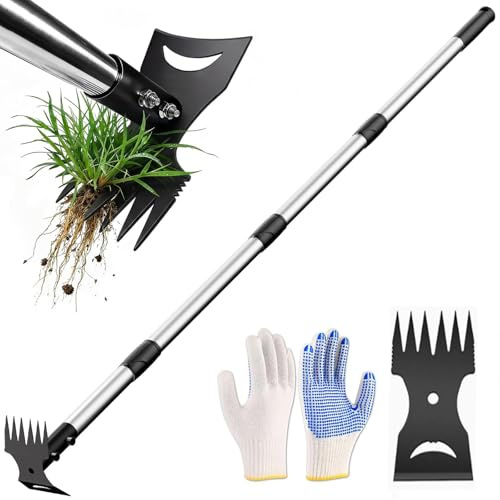 Rastrello Sarchiatore 2 in 1, Attrezzo Manuale per Estirpare le Erbacce con Manico Lungo, Zappa da Giardino e Rastrello Portatile per Diserbo, Set di Attrezzi da Giardino per Prato, Giardino e Patio | Utensile da giardino efficiente per diserbare le erbacce in piedi senza piegarsi, adatto per giardino, cortile, prato