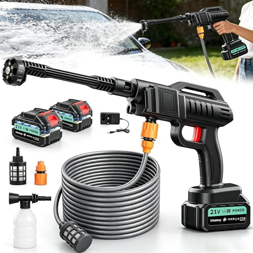 Nettoyeur Haute Pression sans Fil 21V, 80 Bar de Pression - avec 2 Batteries et Tuyau Long 5m - Buse Multifonctions 6 en 1 pour Nettoyage Facile
