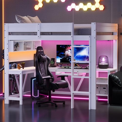 BTM Holz Gaming Hochbett 90x200 mit Schreibtisch, LED und Stauraum, Weiß
