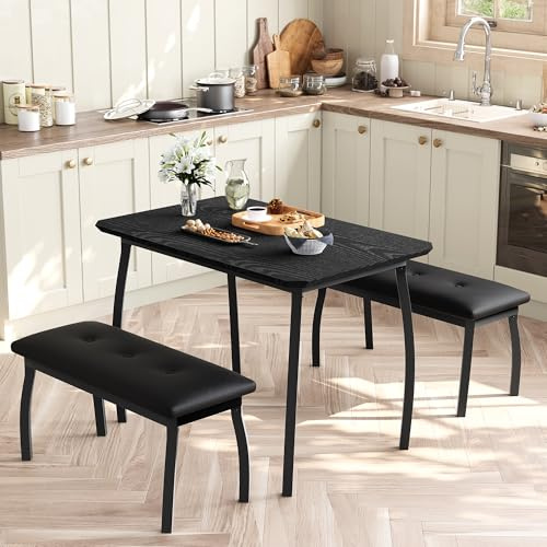 GarveeHome 3-Teiliges Essgruppen Mit 1 Tisch Und 2 Bänken, Platzsparender Esstisch Für 4 Personen, Gepolsterte PU-Lederbänke, Für Esszimmer, Wohnzimmer Und Kompakte Räume, 110 x 70 x 76 cm