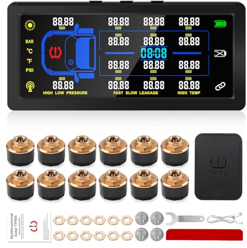 SYNJAUPO Reifendrucküberwachungssystem mit 12 Sensoren, 0-188PSI | 7-Zoll-Farbbildschirm,Solar & USB Aufladung,mit Signalverstärker,6 Alarmmodi,6-8-10-12 Räder,Zeitanzeige,für Wohnmobile