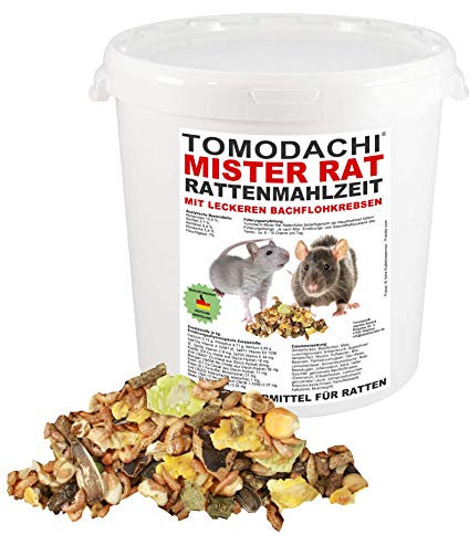 Rattenfutter, Rattennahrung mit tierischem Eiweiß, Alleinfutter für Ratten mit Bachflohkrebsen (Gammarus), leckerem Gemüse, Körnern und Saaten, Tomodachi® Mister Rat Rattenmahlzeit 3kg Eimer